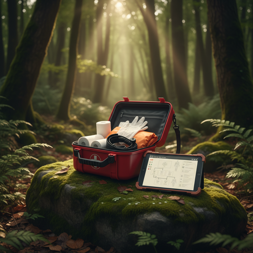 Wilderness First Aid — remote emergency medical guide PDF mockup with first aid kit in forest setting