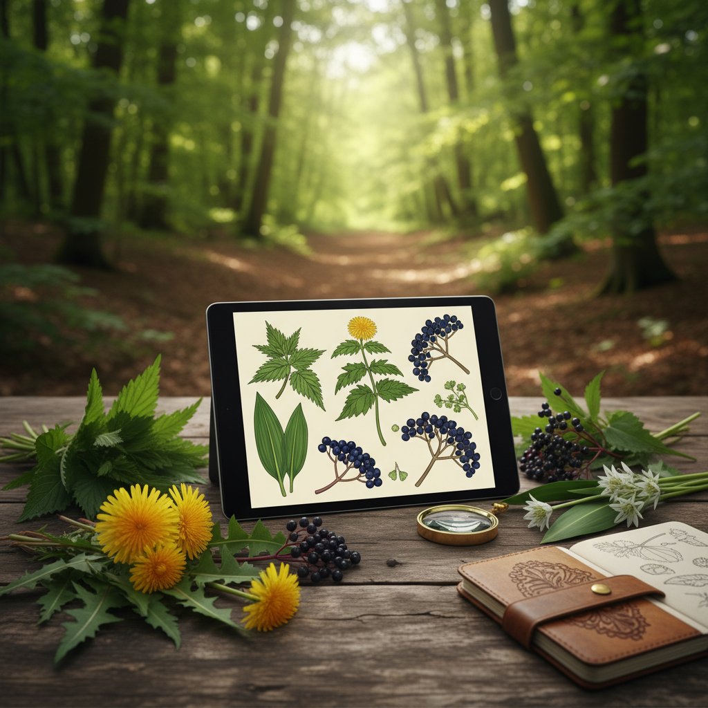 Wild Edible Plants Europe — foraging field guide PDF mockup with tablet and wild plants